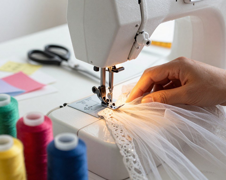 máquina costura tul